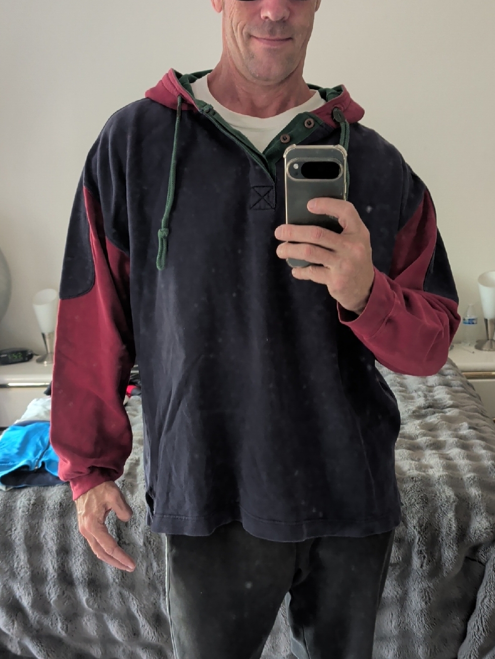90's County Seat Colorblock Hoodie in Green and Burgundy